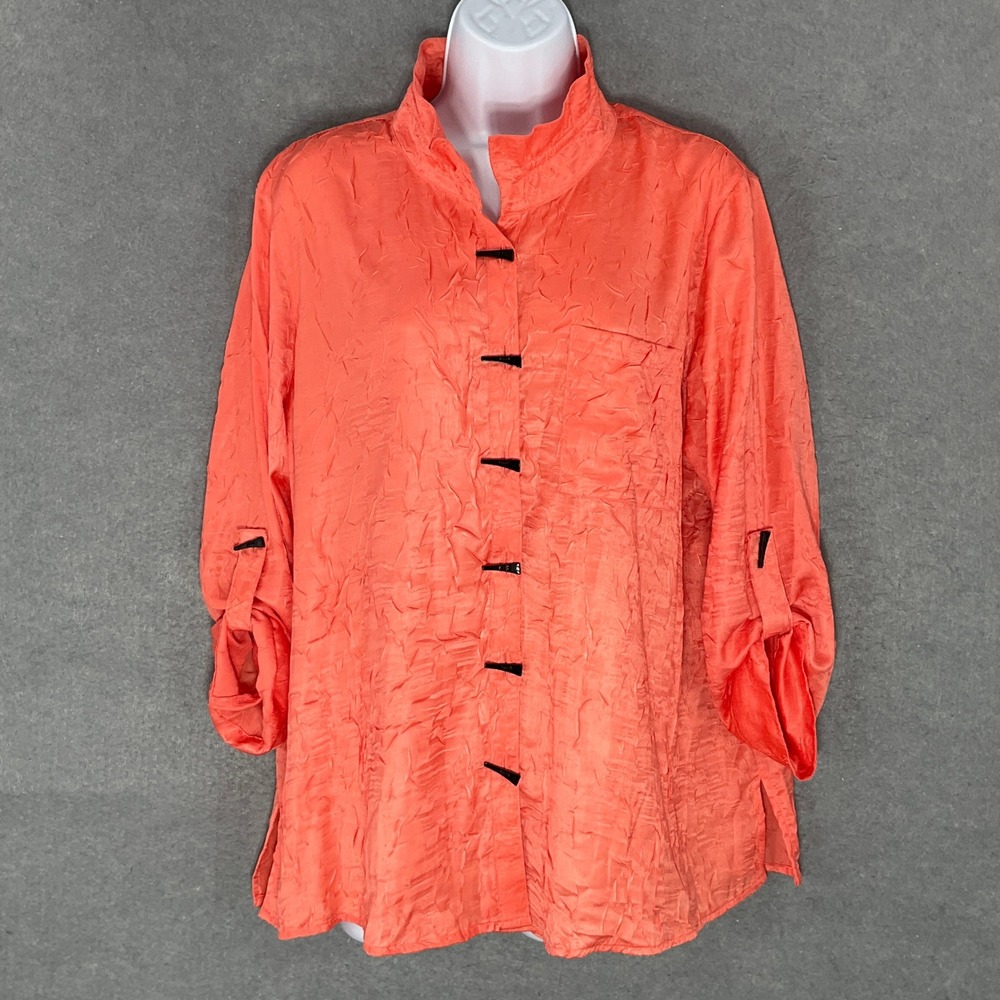 Ali Miles Mandarin Collar‎ Button Down 3/4 Sleeve Crinkle Blouse Coral XL Artsy
